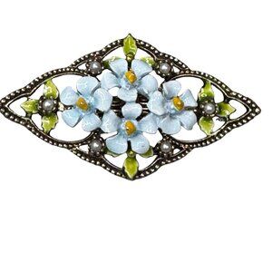 Vintage Signed ART Forget Me Not Floral Blue Flowers Brooch Gold Tone Enamel Pin